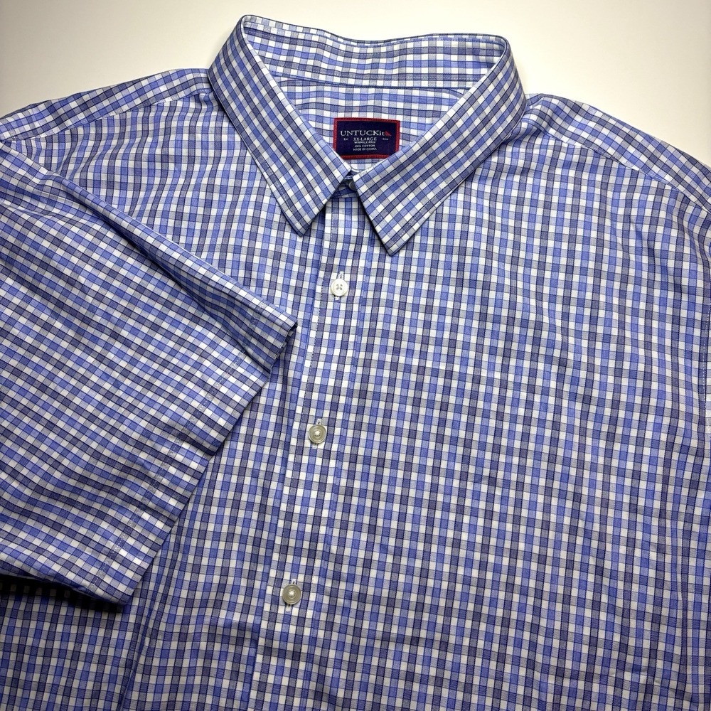 UNTUCKit Dante Blue Check Mens XXL Short Sleeve Wrinkle Free Cotton Shirt - Picture 3 of 7